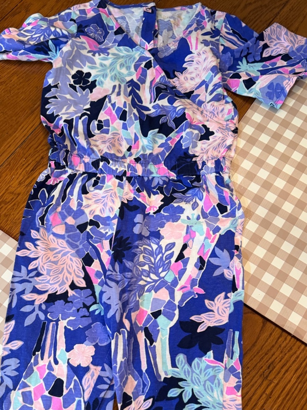 Lilly Pulitzer Girls Blue Floral Print Romper with Pink & purple accents